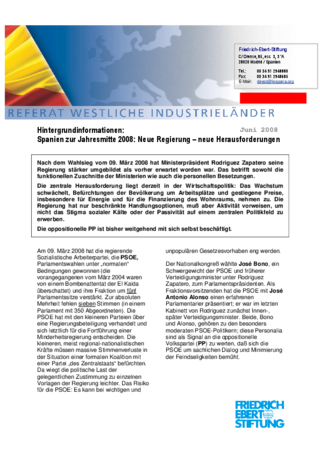 Hintergrundinformationen: Spanien zur Jahresmitte 2008: neue Regierung - neue Herausforderungen